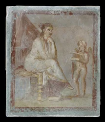 Gerahmte Vignette in Fresko auf einer grünen Wand: Amor enthüllt einer sitzenden Frau den Inhalt einer vergoldeten Schachtel, 65-75 n. Chr.